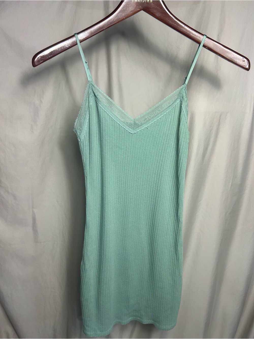 Green victoria’s Secret slip dress with lace lettering on the top Sz XS